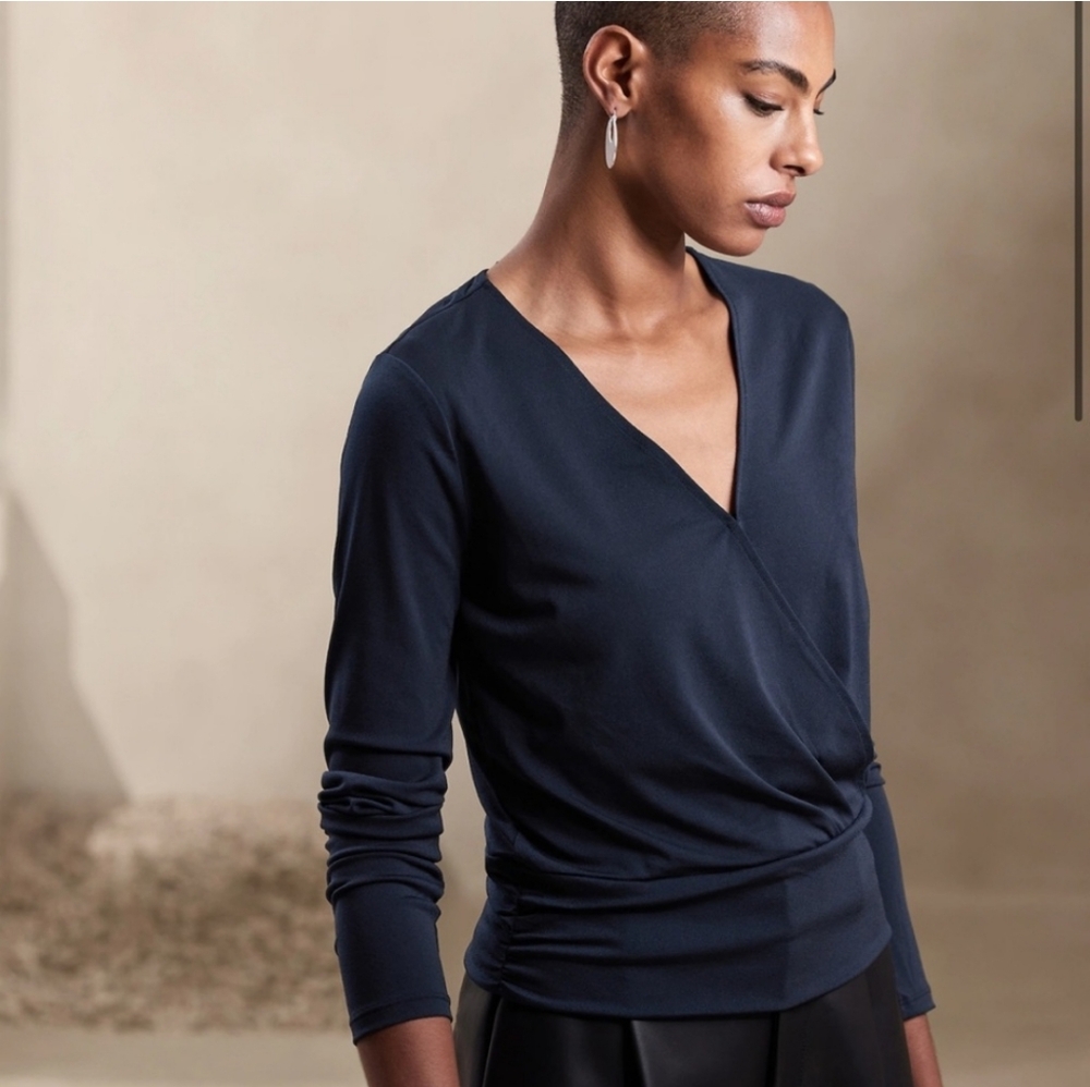 Banana Republic Crepe Wrap Top Long Puff Sleeve Banded Balletcore Snap Surplice